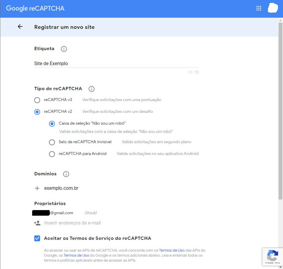 Pagina de Configuração de nova chave do Google ReCaptcha
