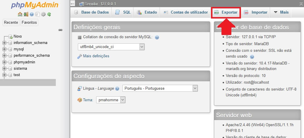 Clique em Exportar no PHPMyADMIN