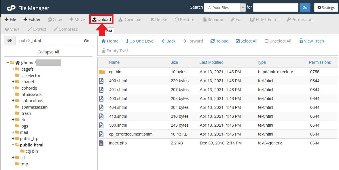 Fazendo upload no Gerenciador de Arquivos do cPanel