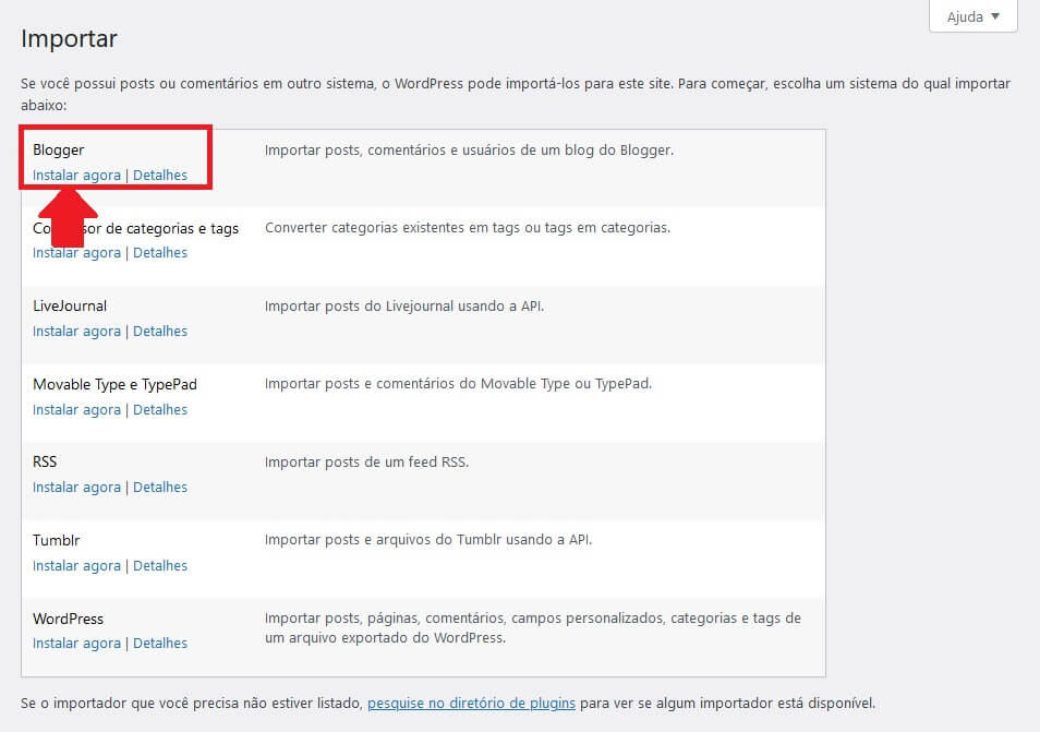 Instalar a Ferrmenta de Importação do Blogger no WordPress