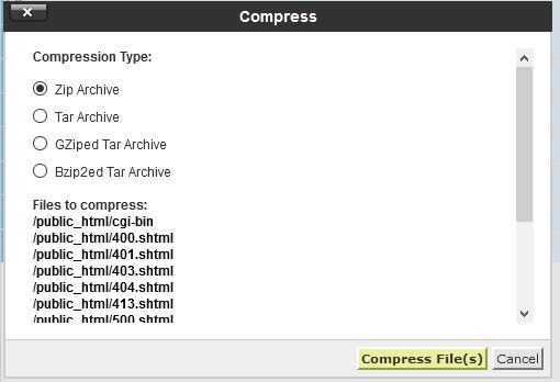 Comprimindo arquivos para gerar o backup no Gerenciador de Arquivos do cPanel