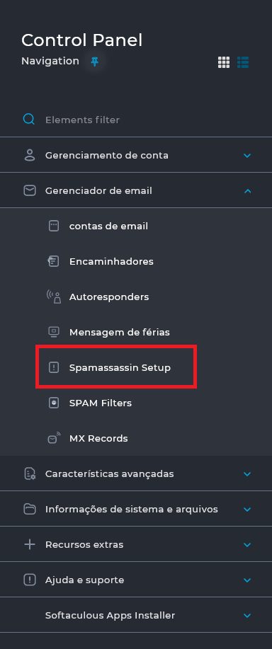 Selecionando a opção SpamAssassin Setup no Gerenciador de Email do Painel DirectAdmin da HomeHost