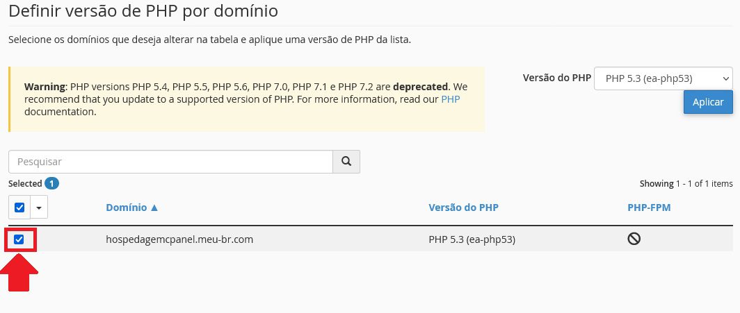 Selecione o dominio para alterar a versão do php no cpanel