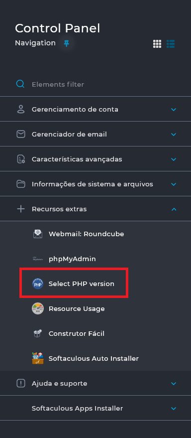 Selecione a opção Select PHP Version para alterar a versão do php no directadmin