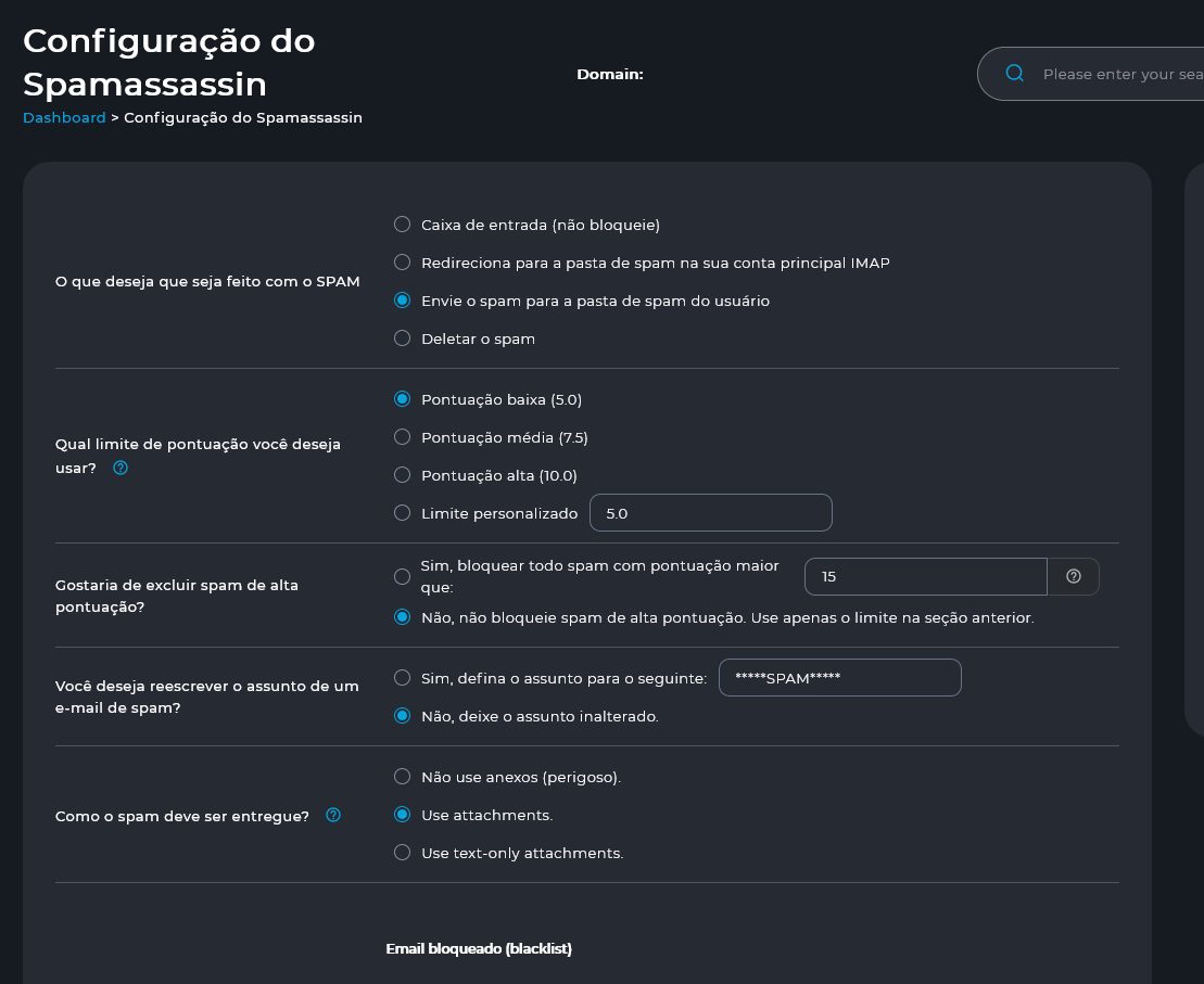 Tela padrão do Filtro de Spam do DirectAdmin