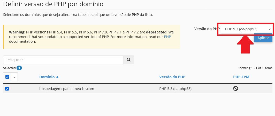 Selecione a versão do php no cpanel