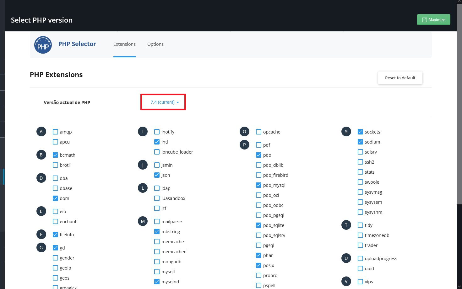 Selecione a versão do php no directadmin