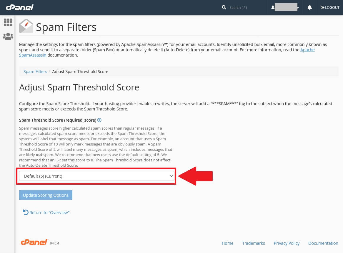 Ajustando o nível de sensibilidade do Filtro de Spam no cpanel