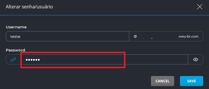 Tela para Alterar senha de e-mail no DirectAdmin