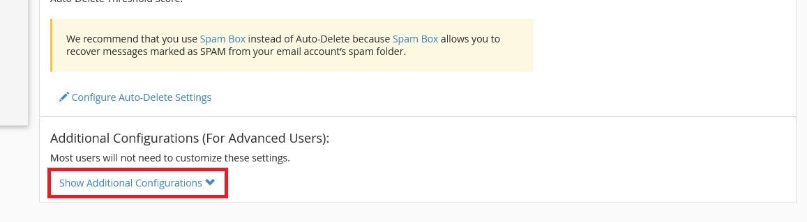 Configurações Adicionais do Filtro de Spam do cpanel