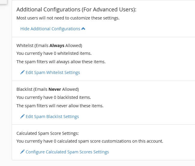 Configurações Adicionais do Filtro de Spam do cpanel