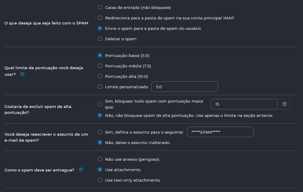 Finalizando e Salvando as configurações do Filtro de Spam do DirectAdmin