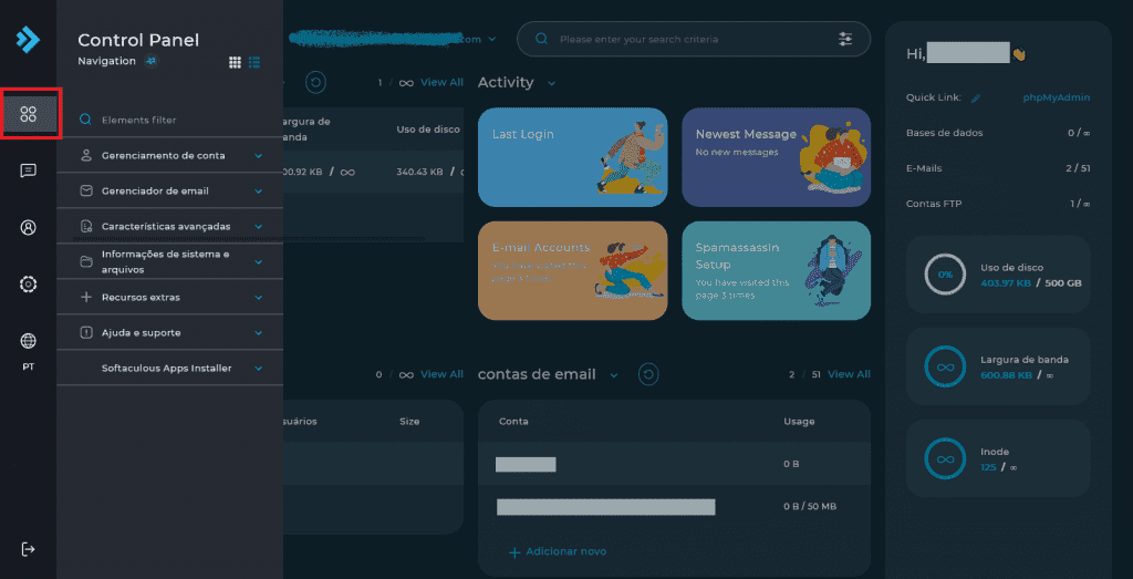 Menu principal da Dashboard do DirectAdmin 