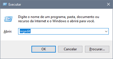 Utilize as teclas Windows + R para abrir o comando de execução do WIndows e em seguida digite regedit ou regedit.exe e clique em ok