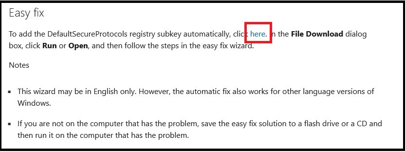 suporte microsoft com o easy fix para habilitar o TLS 1.2 no Windows