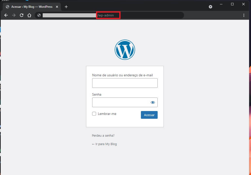 acessando a página do painel administrativo do WordPress, Wp-Admin.