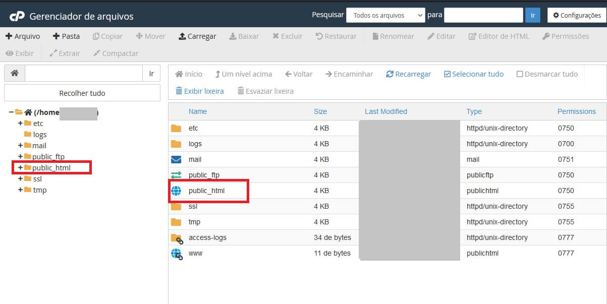 Pagina inicial do gerenciador de Arquivos do cPanel