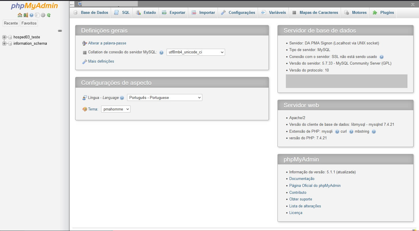 Painel phpMyAdmin