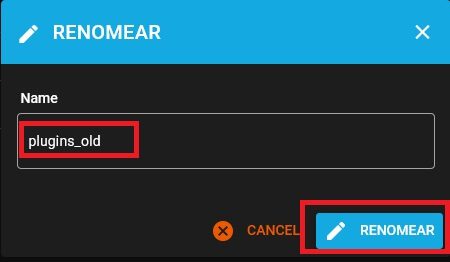Renomear a pasta plugins para desativar os plugins do WordPress no gerenciador de arquivos do DirectAdmin