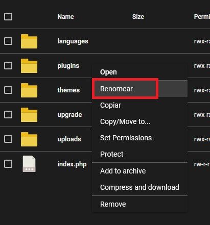 Renomear a pasta plugins para desativar os plugins do WordPress no gerenciador de arquivos do DirectAdmin