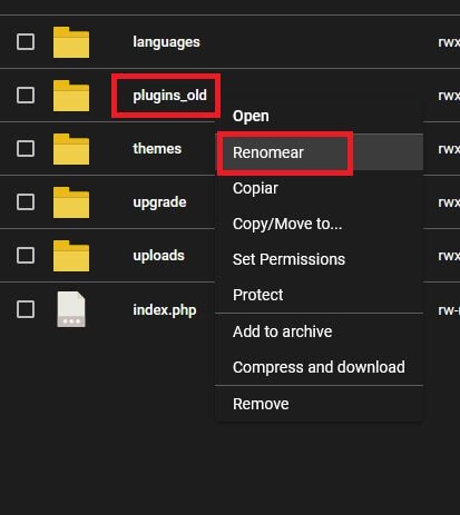 Renomear a pasta plugins_old para desativar os plugins do WordPress no gerenciador de arquivos do DirectAdmin