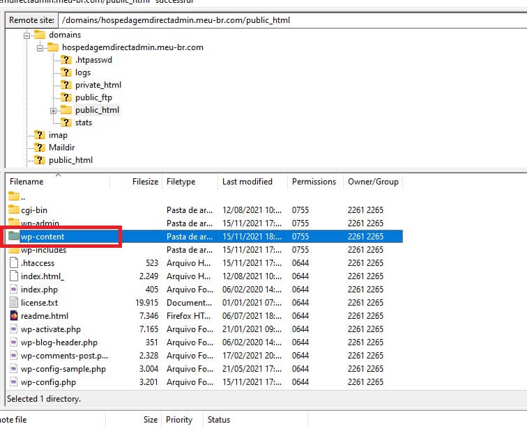 navegando para o wp-content no filezilla