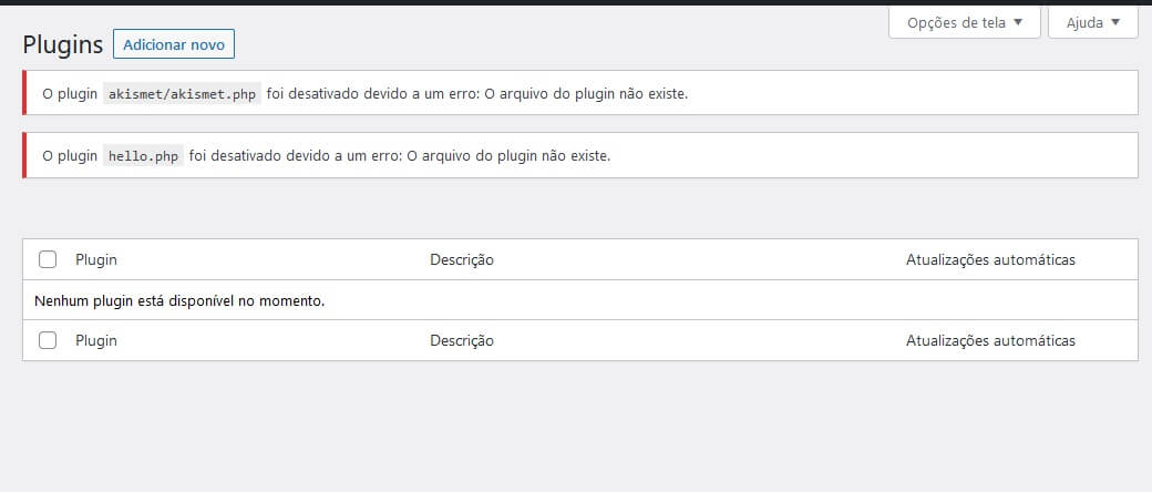 Página dos plugins após desativa-los.