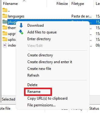 Renomeando o diretório de plugins para desativar os plugins do wordpress.