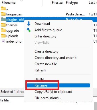 Renomeando o diretório de plugins_old para desativar os plugins do wordpress.