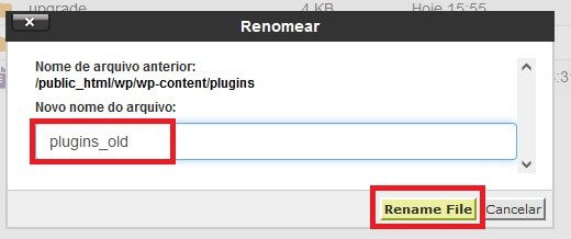 Gerenciador de arquivos do cPanel - Renomenado a pasta plugins para plugins old para desativar os plugins do WordPress