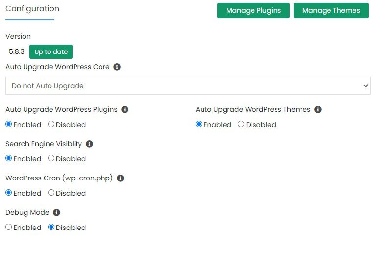 Configurações do Painel WordPress Manager no Softaculous