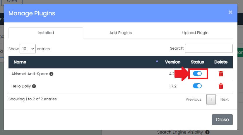 Desativando os plugins do WordPress através do WordPress Manager