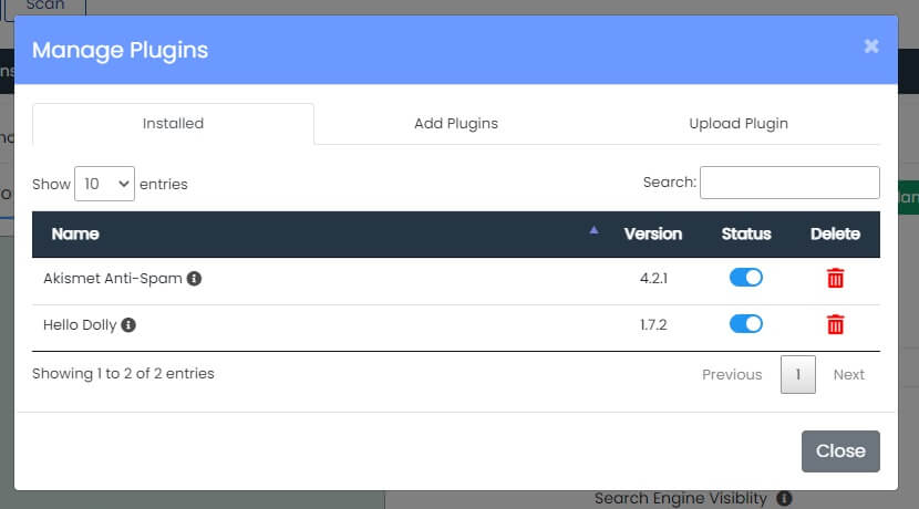 Paine de Gerenciamento de Plugins do WordPress Manager para poder Desativar os Plugins do WordPress