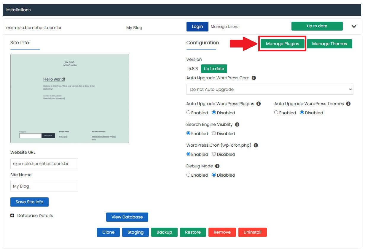 Acessando a opção de Gerenciamento de Plugins do WordPress Manager para poder Desativar os Plugins do WordPress