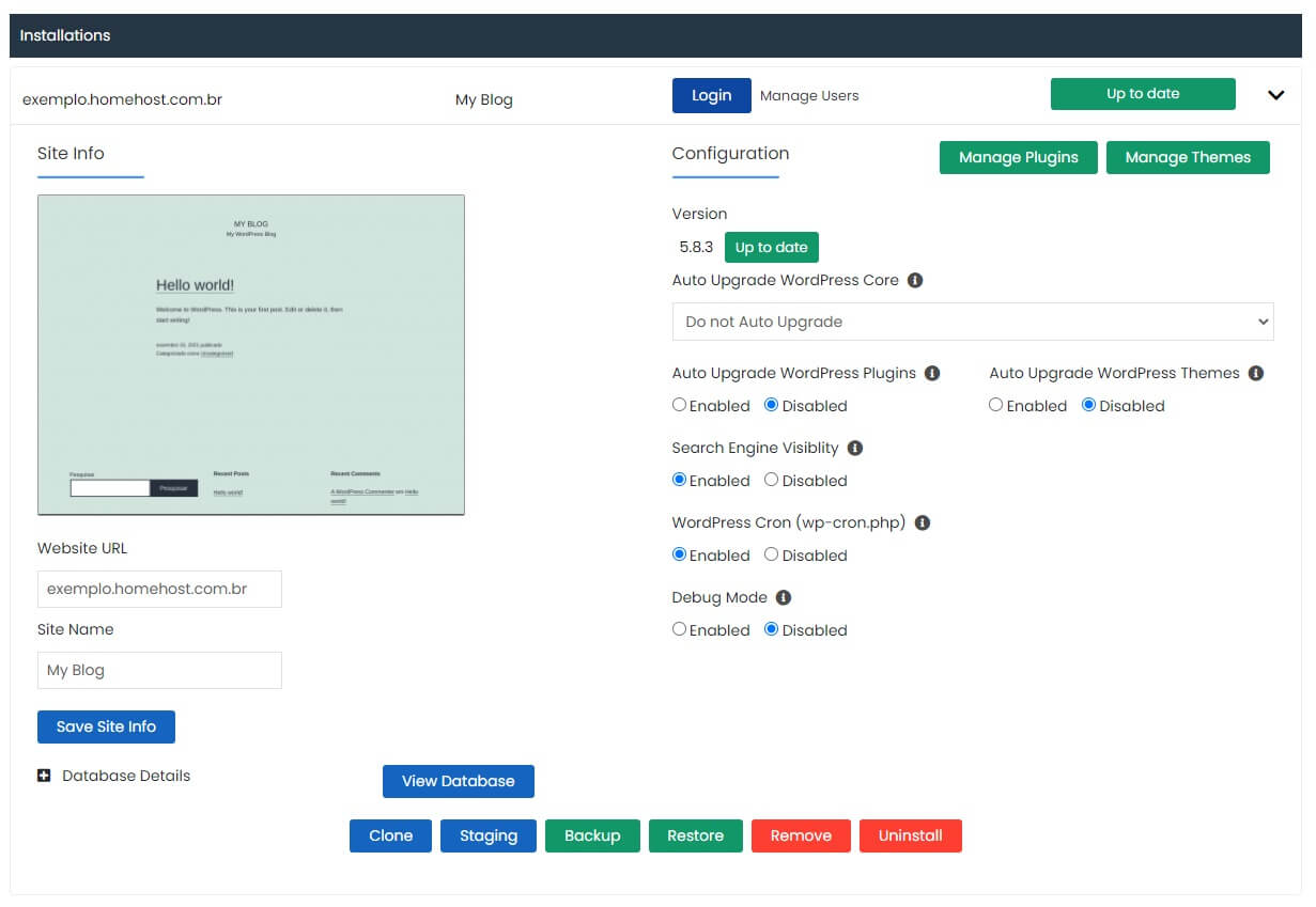 Painel de Gerenciamento do WordPress no WordPress Manager