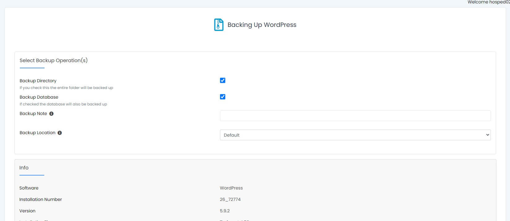 Tela de configurações de Backup do Softaculous