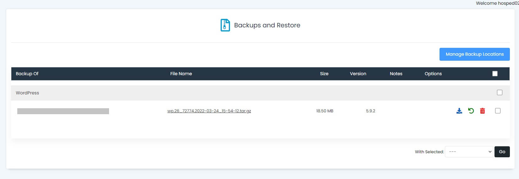 Tela do painel principal de Backup and Restore do Softaculous