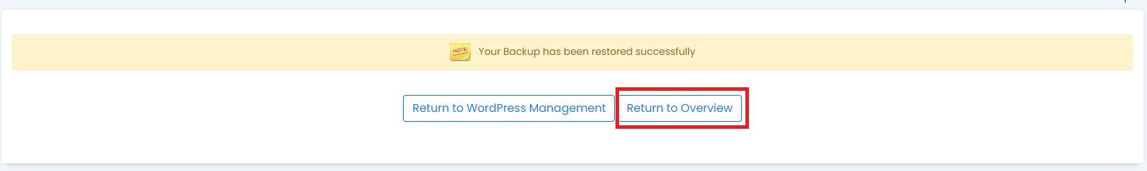 Mensagem de Conclusão da Restauração, clique no botão "Return to Overview"