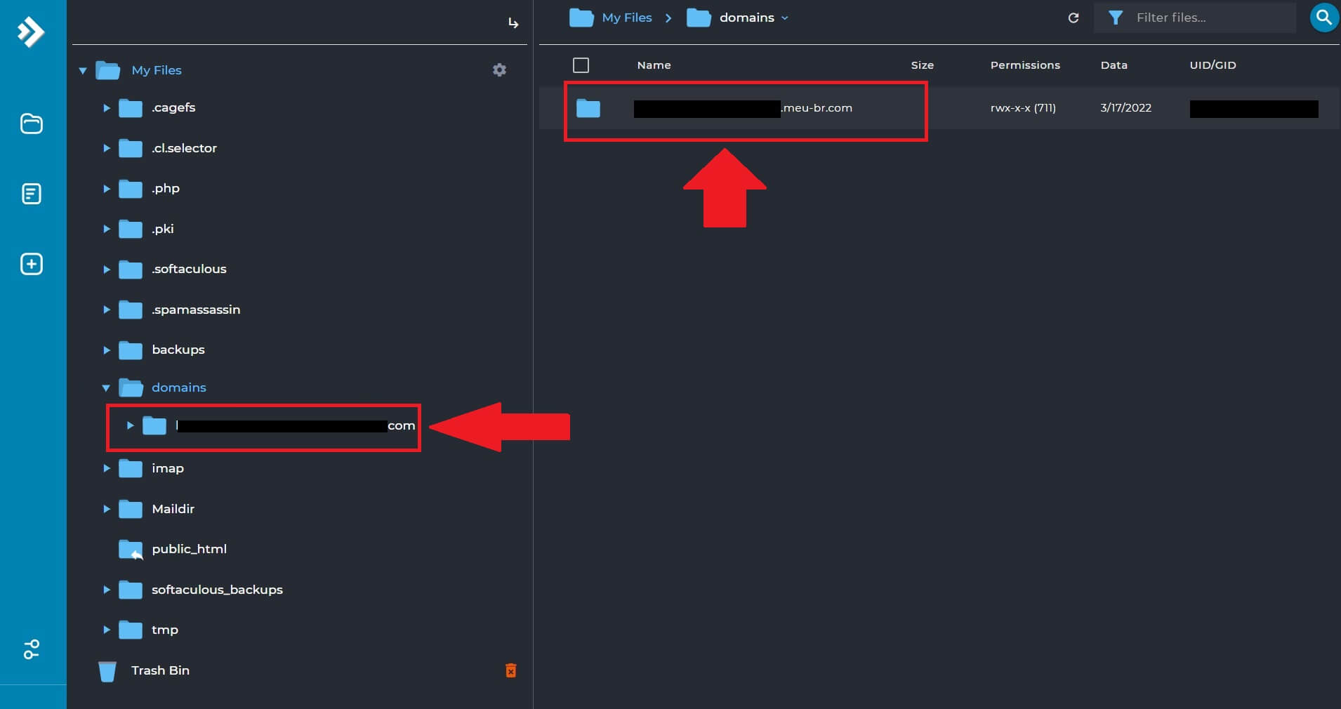 Navegando para dentro do Diretório do domínio ao qual fará o backup no Gerenciador de arquivos do DirectAdmin