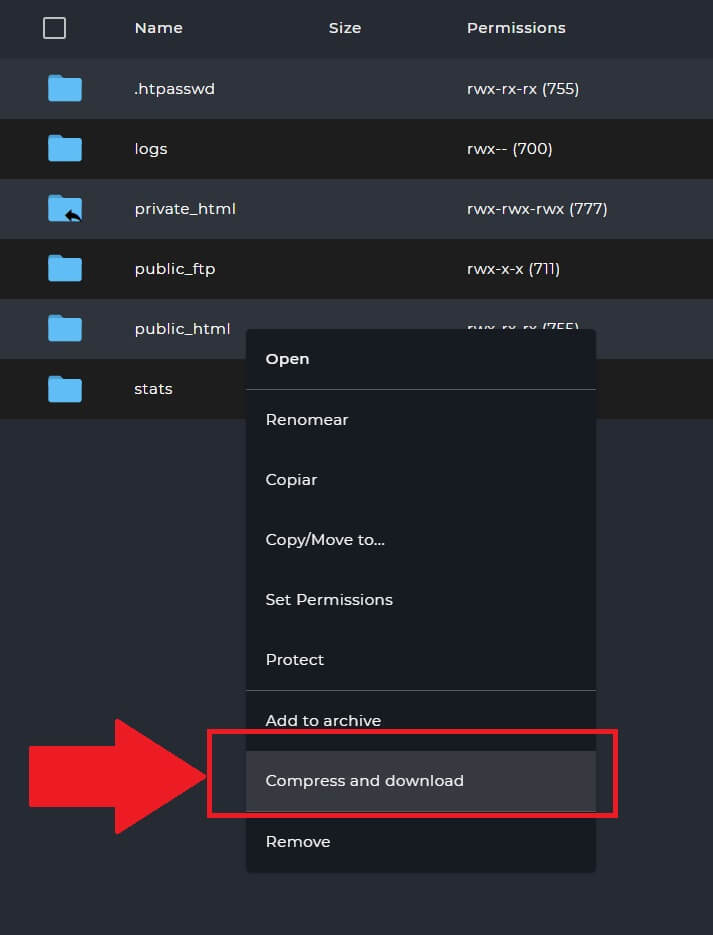 Selecionando a opção "Compress and Download" para realizar o backup através do Gerenciador de Arquivos do DirectAdmin