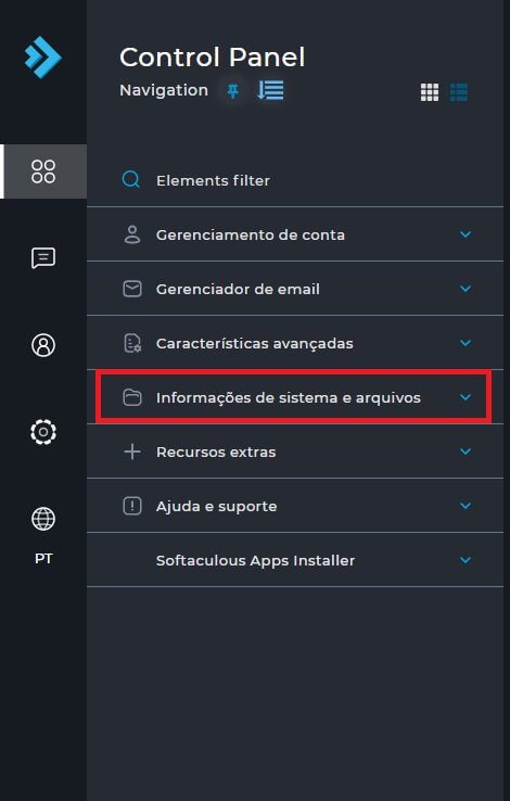 Selecionando a opção de "Informações de sistema e arquivos" no Painel Direct Admin