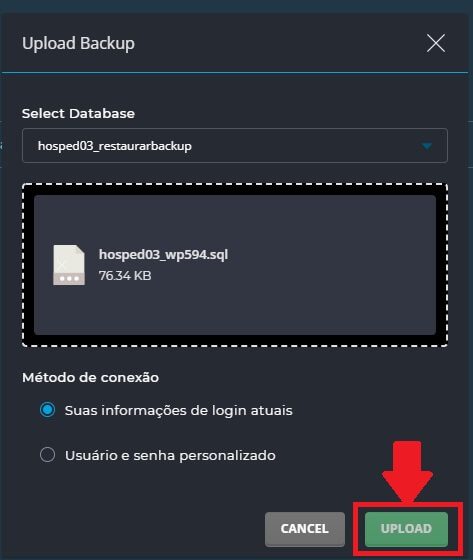 Finalize o backup clicando sobre o botão "Upload"