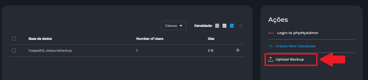 Clicando sobre a opção "Upload Backup" no Gerenciamento MySQL do DIrectAdmin