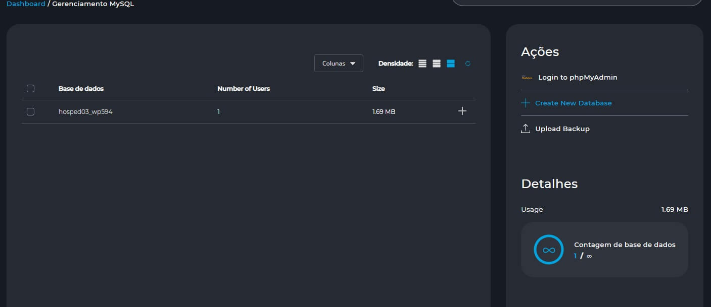 Tela inicial do painel do Gerenciamento MySQL do DirectAdmin