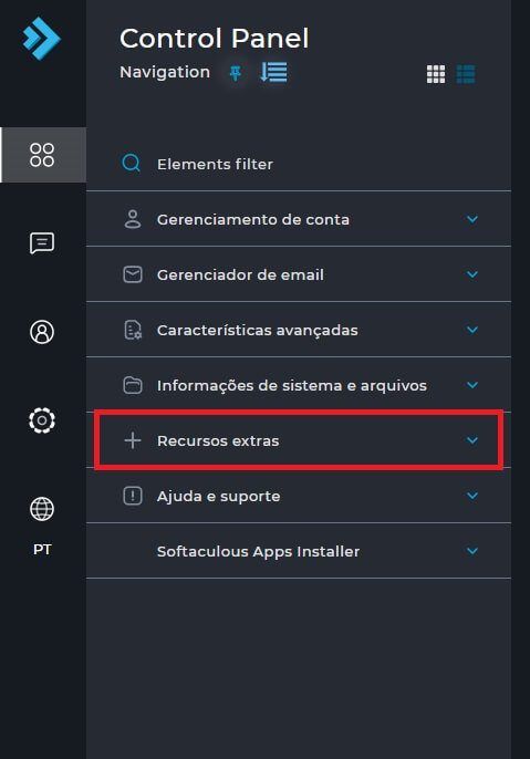 Selecionando a opção Recursos Extras no Painel Lateral do DirectAdmin