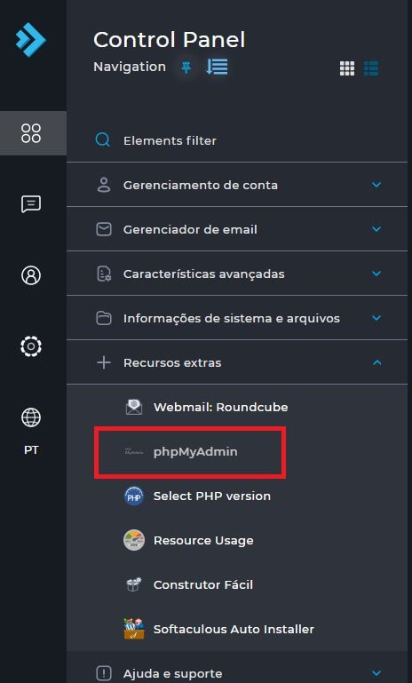 Selecionando a opção phpMyAdmin no Painel Lateral do DirectAdmin