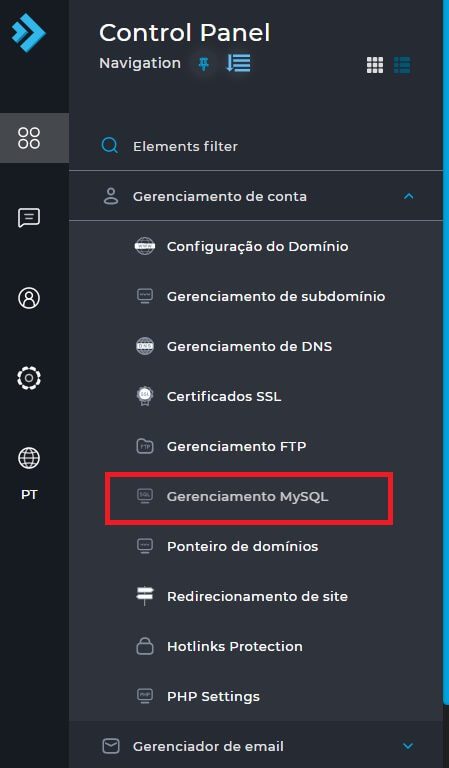 Selecionando a opção "gerenciamento MySQL" no painel lateral do DirectAdmin