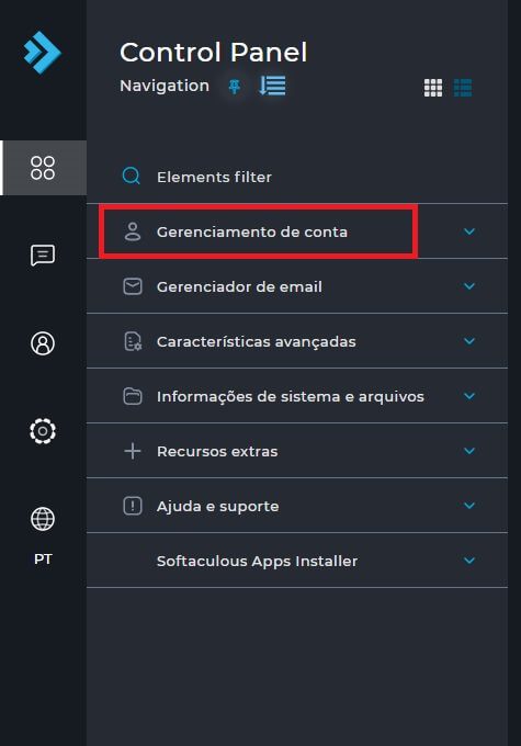 Selecionando a opção "gerenciamento de conta" no painel lateral do DirectAdmin