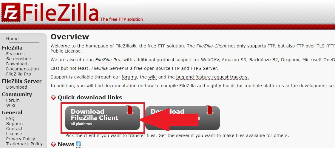 Pagina inicial do site filezilla-project.org - Clique sobre o Botão Download FileZilla Client