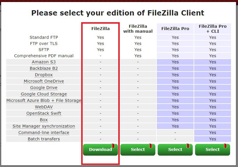Pagina de seleção da versão do FileZilla Client.